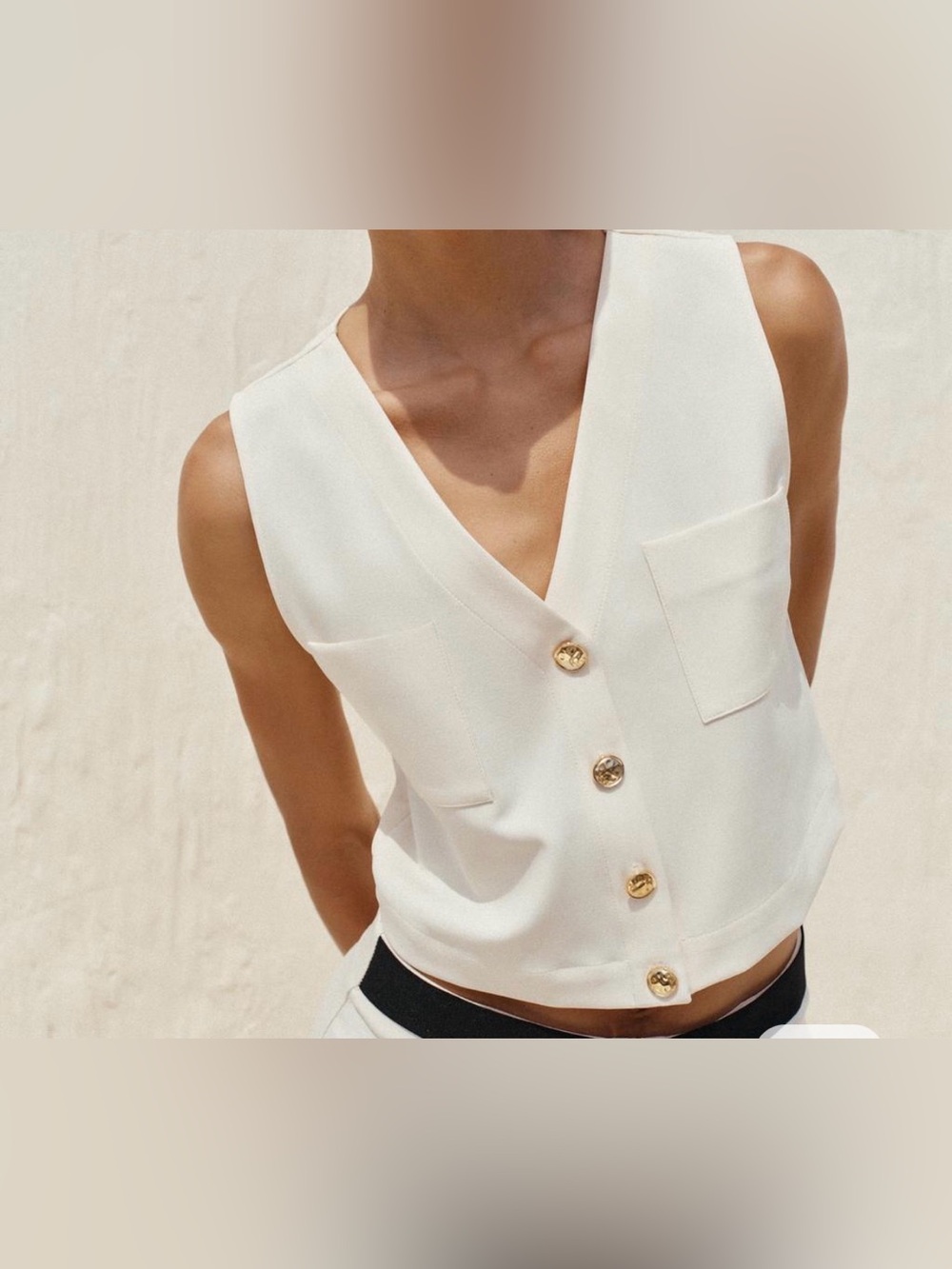 NWT Zara Cream Sleeveless V-Neck gold Button Front Top